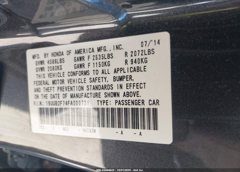 2015 ACURA TLX VIN: 19UUB2F74FA000731