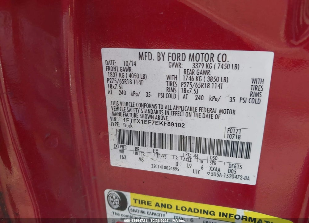 2014 FORD F-150 XLT VIN: 1FTFX1EF7EKF89102