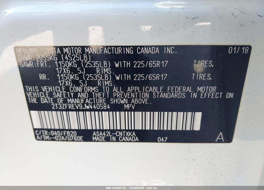 2018 TOYOTA RAV4 LE VIN: 2T3ZFREV9JW440584