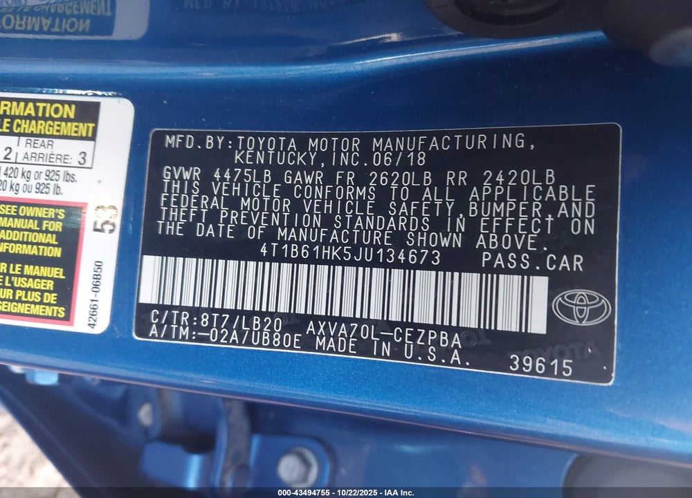 2018 TOYOTA CAMRY VIN: 4T1B61HK5JU134673