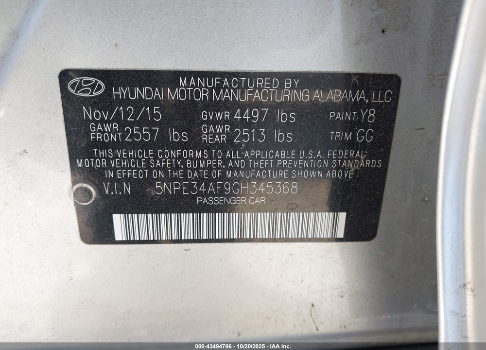 2016 HYUNDAI SONATA SPORT VIN: 5NPE34AF9GH345368
