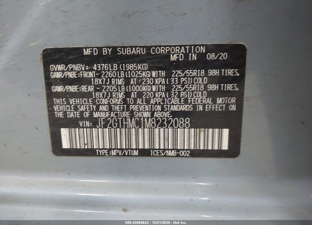 2021 SUBARU CROSSTREK VIN: JF2GTHMC1M8232088
