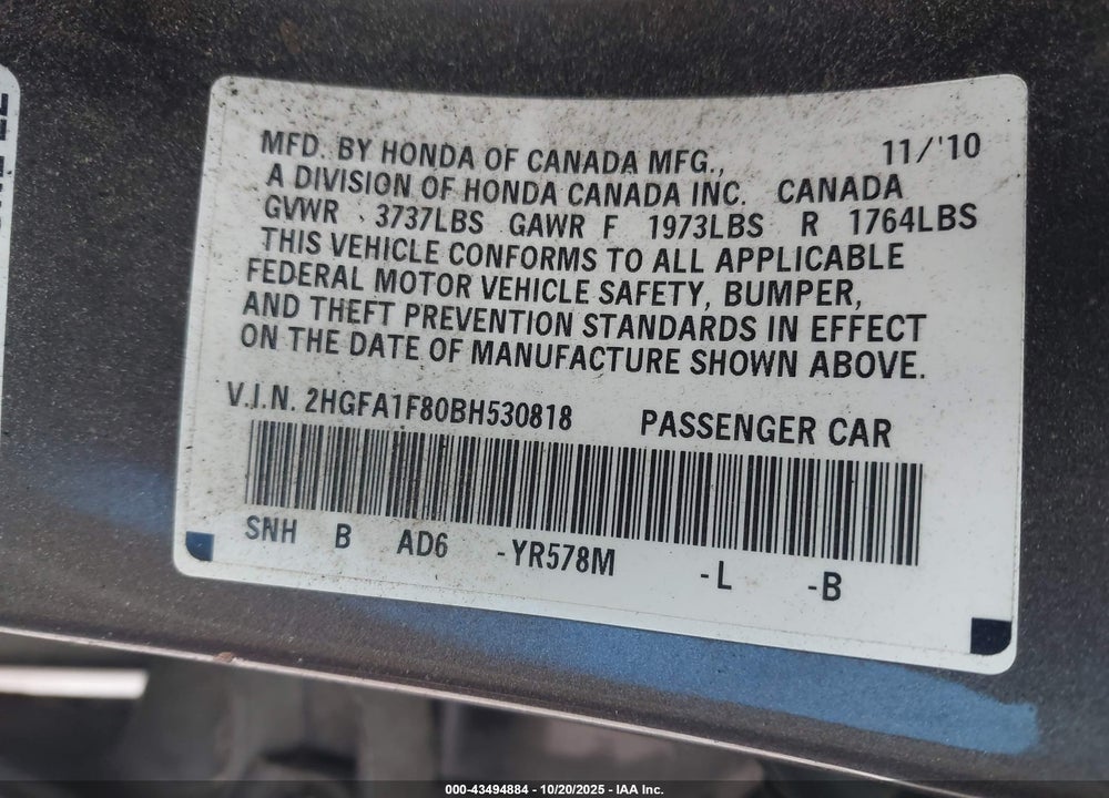 2011 HONDA CIVIC VIN: 2HGFA1F80BH530818