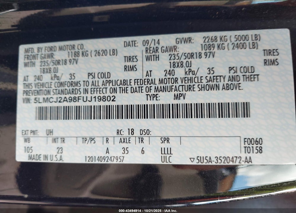 2015 LINCOLN MKC VIN: 5LMCJ2A98FUJ19802