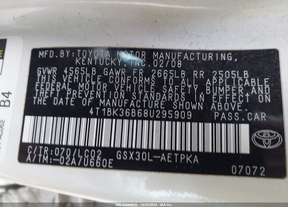 2008 TOYOTA AVALON VIN: 4T1BK36B68U295909