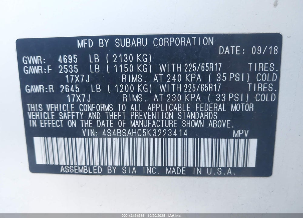 2019 SUBARU OUTBACK 2.5I PREMIUM VIN: 4S4BSAHC5K3223414