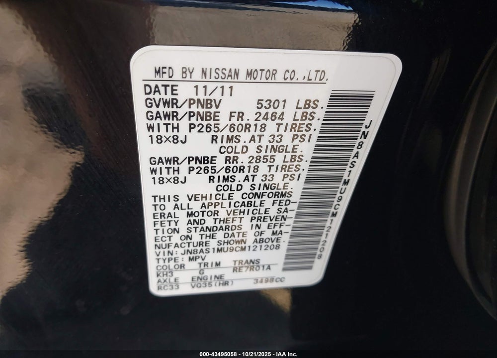 2012 INFINITI FX35 VIN: JN8AS1MU9CM121208
