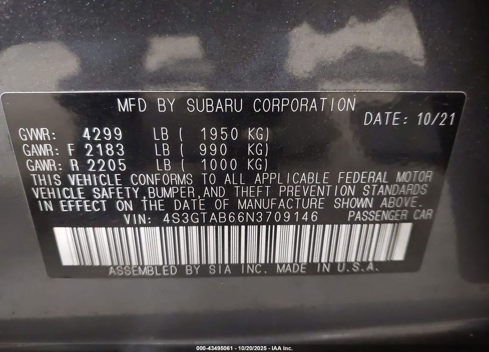 2022 SUBARU IMPREZA VIN: 4S3GTAB66N3709146
