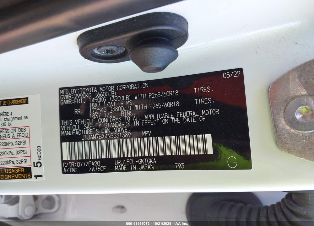 2022 LEXUS GX 460 VIN: JTJAM7BX4N5331389
