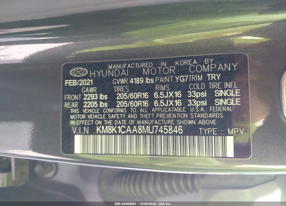 2021 HYUNDAI KONA VIN: KM8K1CAA8MU745846