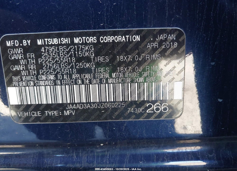 2018 MITSUBISHI OUTLANDER VIN: JA4AD3A30JZ060225