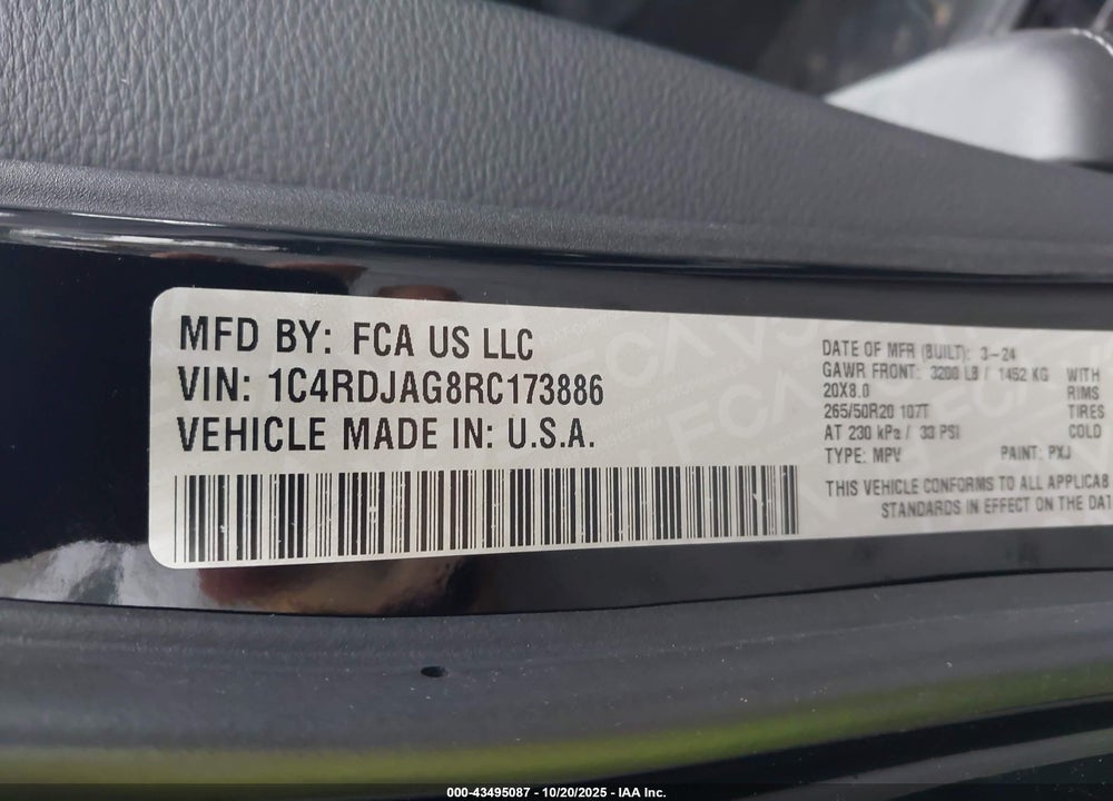 2024 DODGE DURANGO VIN: 1C4RDJAG8RC173886