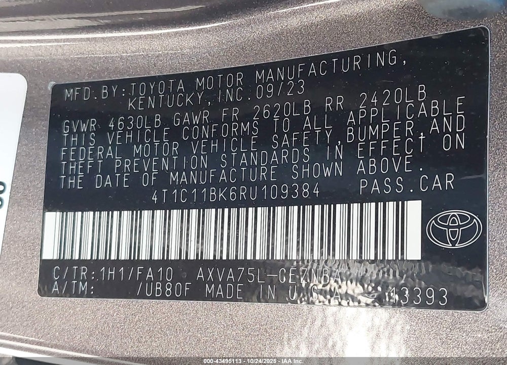 2024 TOYOTA CAMRY VIN: 4T1C11BK6RU109384