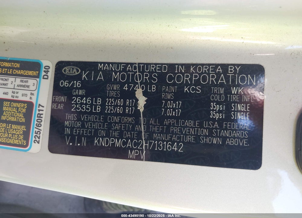 2017 KIA SPORTAGE LX VIN: KNDPMCAC2H7131642