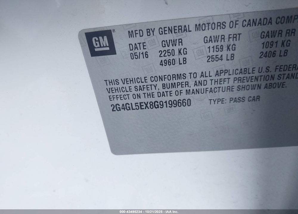 2016 BUICK REGAL TURBO VIN: 2G4GL5EX8G9199660