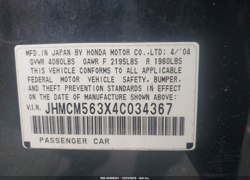2004 HONDA ACCORD 2.4 LX VIN: JHMCM563X4C034367