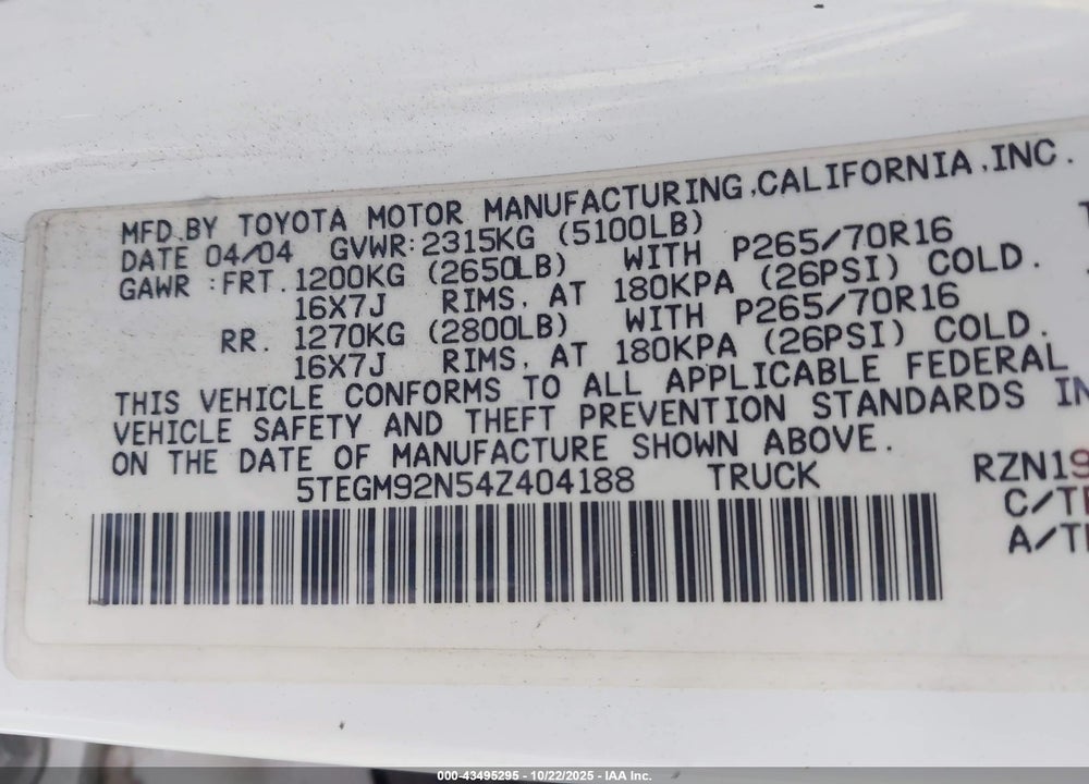 2004 TOYOTA TACOMA PRERUNNER VIN: 5TEGM92N54Z404188
