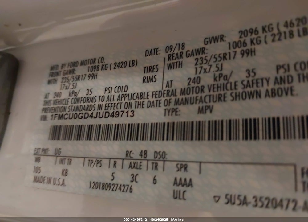 2018 FORD ESCAPE SE VIN: 1FMCU0GD4JUD49713