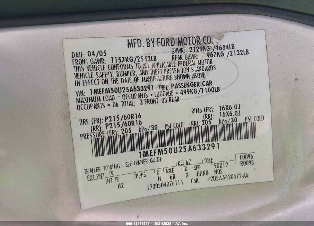 2005 MERCURY SABLE GS VIN: 1MEFM50U25A633291