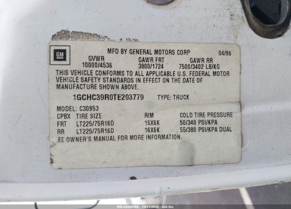 1996 CHEVROLET GMT-400 C3500 VIN: 1GCHC39R0TE203779