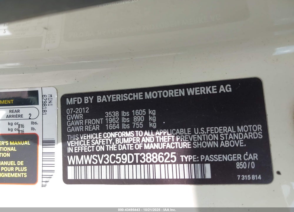 2013 MINI HARDTOP VIN: WMWSV3C59DT388625