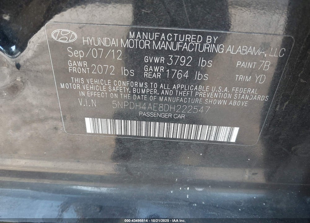 2013 HYUNDAI ELANTRA VIN: 5NPDH4AE8DH222547