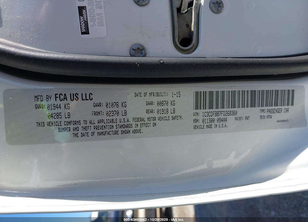 2015 DODGE DART VIN: 1C3CDFBB7FD268360