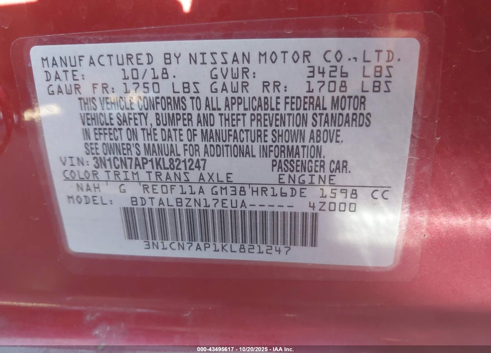 2019 NISSAN VERSA 1.6 SV VIN: 3N1CN7AP1KL821247