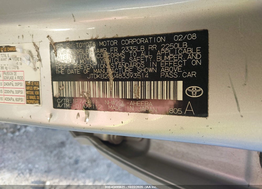 2008 TOYOTA PRIUS VIN: JTDKB20U483393514