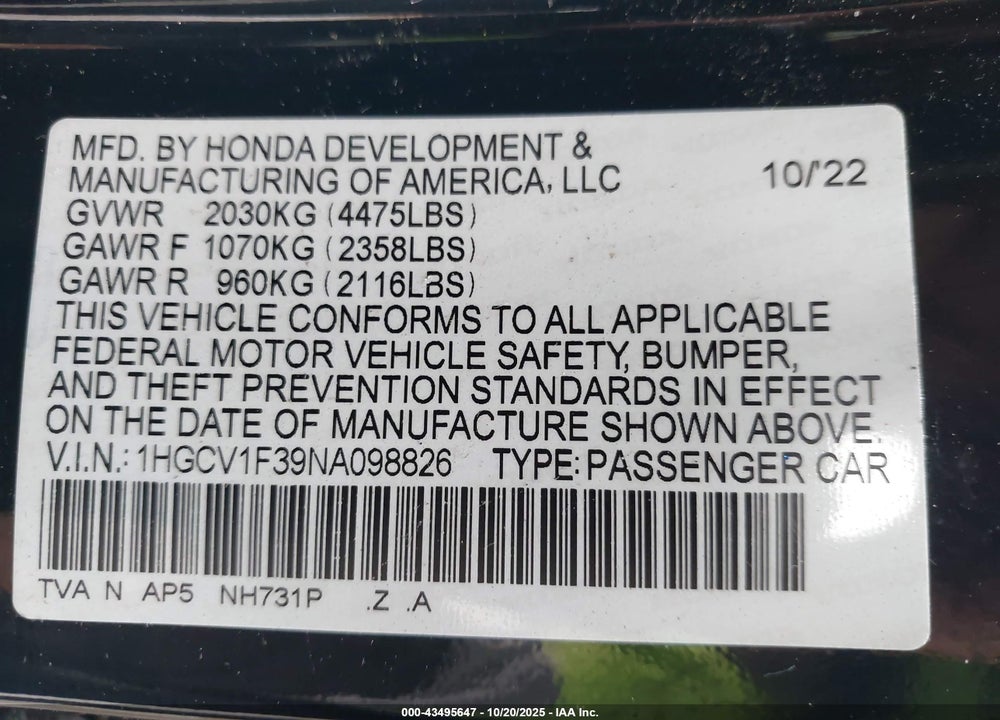 2022 HONDA ACCORD SPORT VIN: 1HGCV1F39NA098826