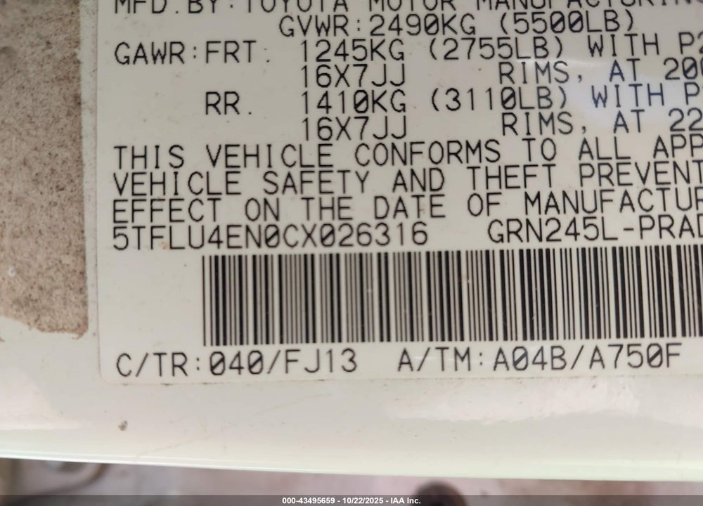 2012 TOYOTA TACOMA BASE V6 VIN: 5TFLU4EN0CX026316