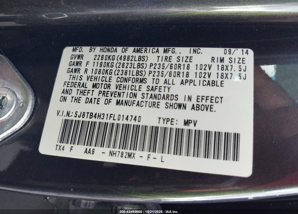 2015 ACURA RDX VIN: 5J8TB4H31FL014740