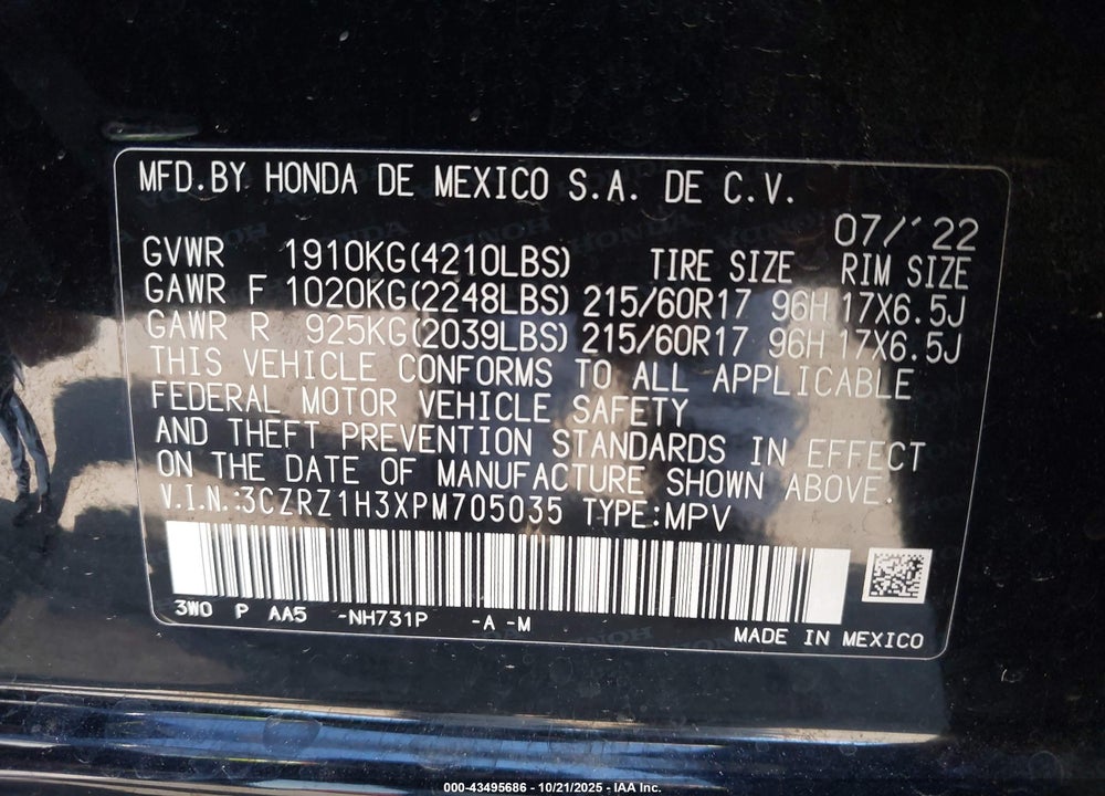 2023 HONDA HR-V 2WD LX VIN: 3CZRZ1H3XPM705035