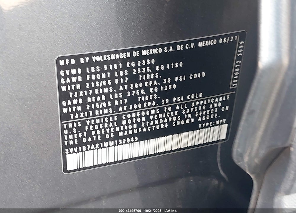 2021 VOLKSWAGEN TIGUAN 2.0T S VIN: 3VV1B7AX1MM132949