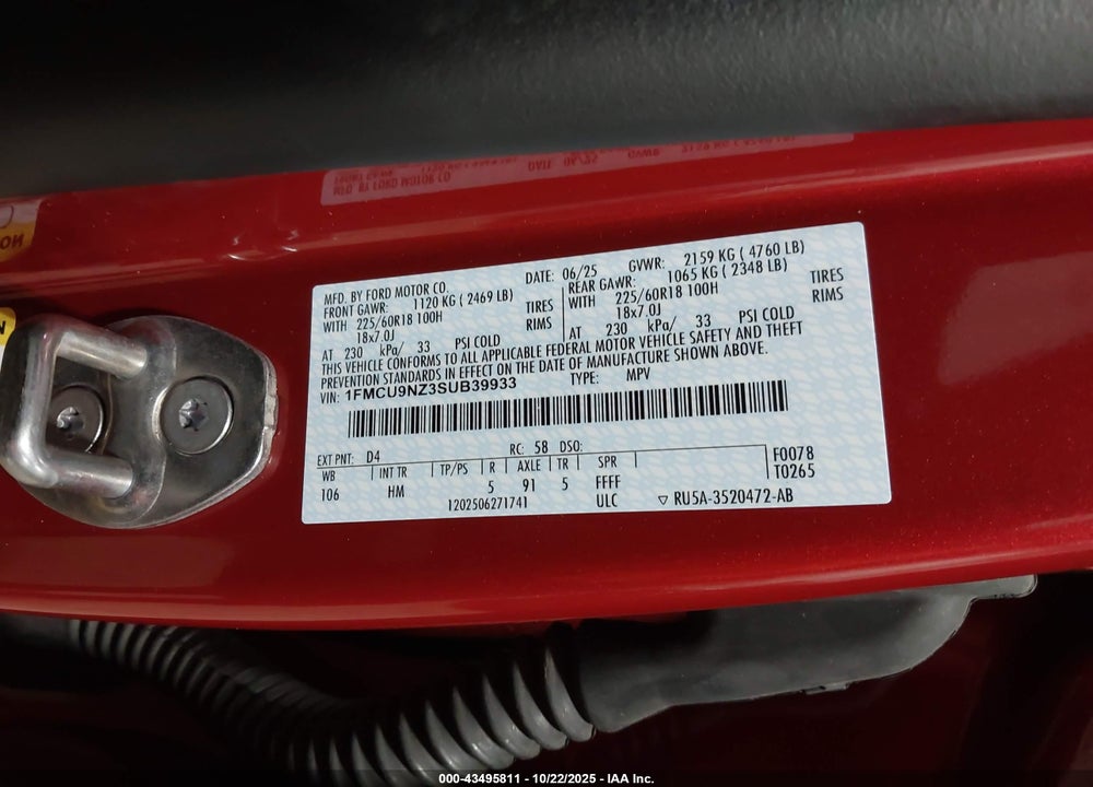 2025 FORD ESCAPE ST-LINE SELECT VIN: 1FMCU9NZ3SUB39933