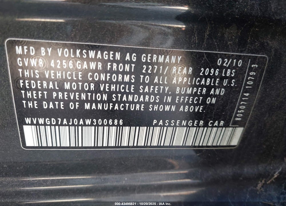 2010 VOLKSWAGEN GTI 4-DOOR VIN: WVWGD7AJ0AW300686