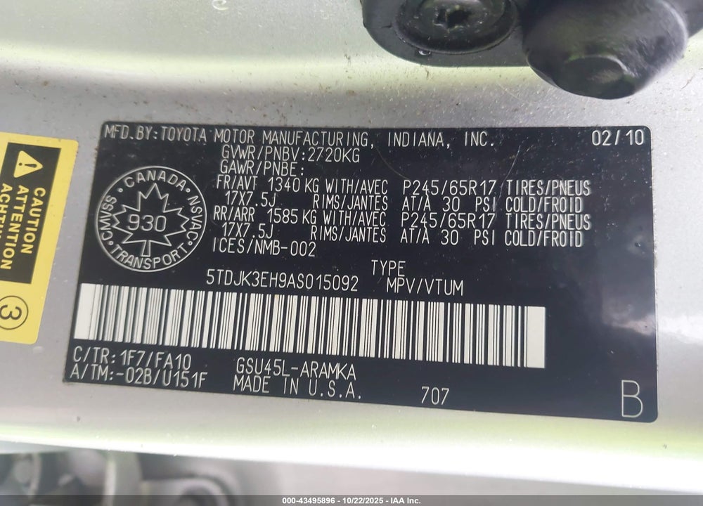 2010 TOYOTA HIGHLANDER VIN: 5TDJK3EH9AS015092