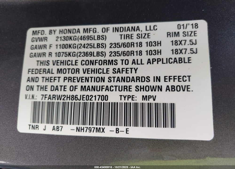 2018 HONDA CR-V EX-L/EX-L NAVI VIN: 7FARW2H86JE021700