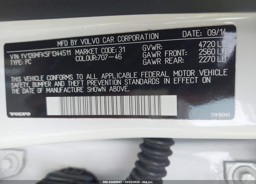 2015 VOLVO S60 VIN: YV126MFK5F1344511