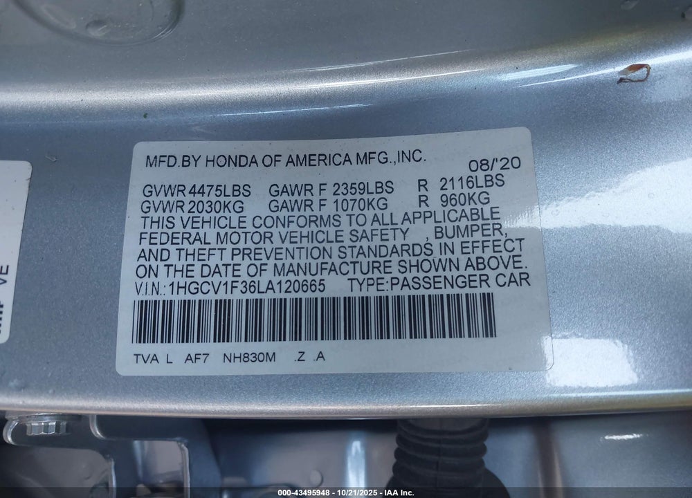 2020 HONDA ACCORD VIN: 1HGCV1F36LA120665