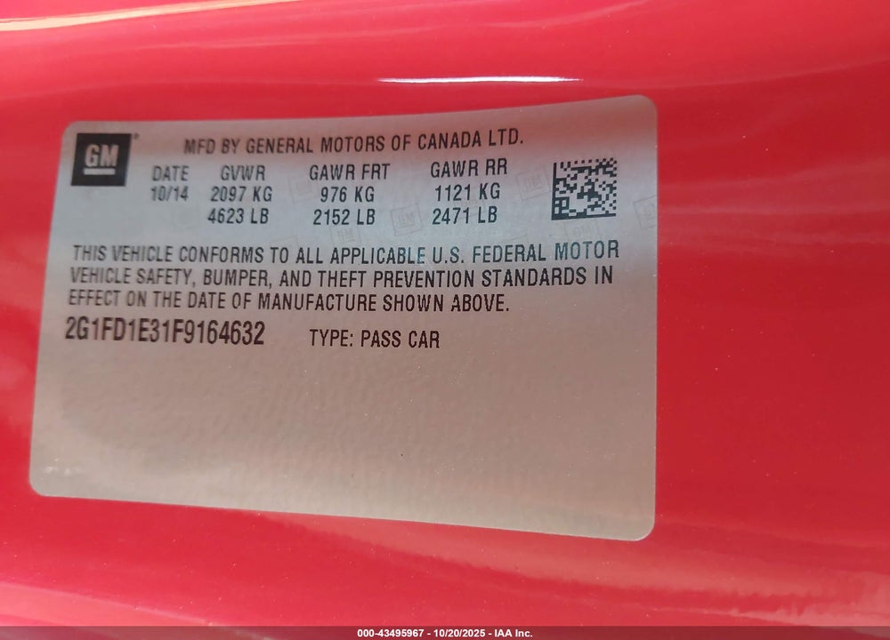 2015 CHEVROLET CAMARO VIN: 2G1FD1E31F9164632