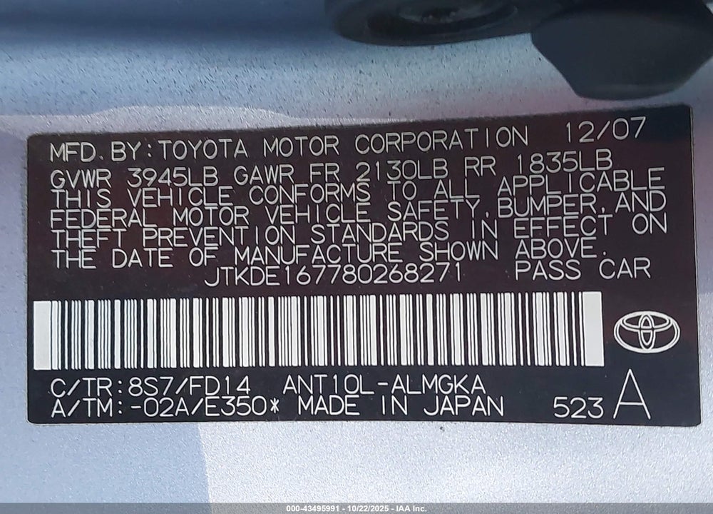 2008 SCION TC VIN: JTKDE167780268271