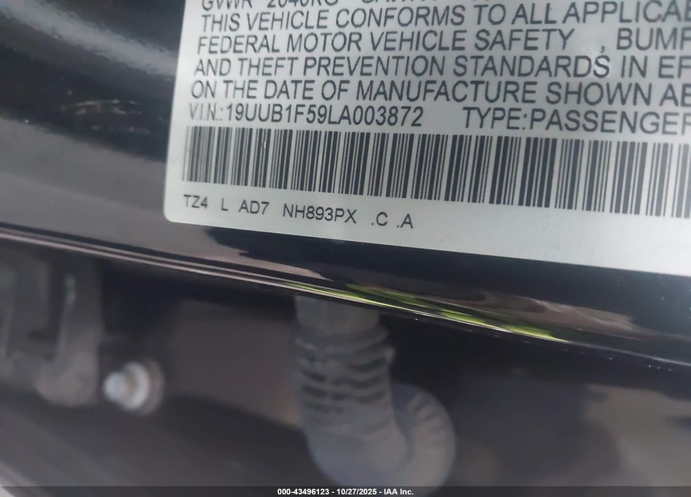 2020 ACURA TLX TECH PACKAGE VIN: 19UUB1F59LA003872
