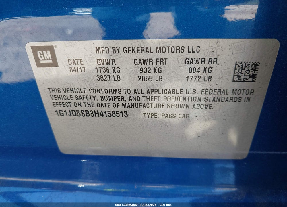 2017 CHEVROLET SONIC LT AUTO VIN: 1G1JD5SB3H4158513