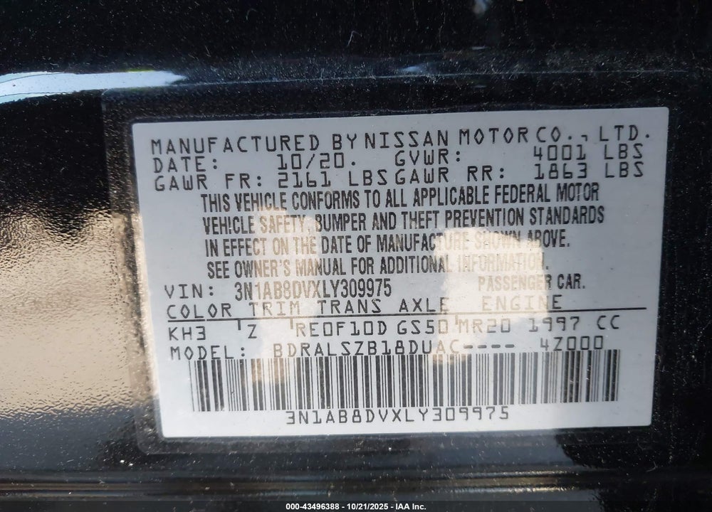 2020 NISSAN SENTRA VIN: 3N1AB8DVXLY309975