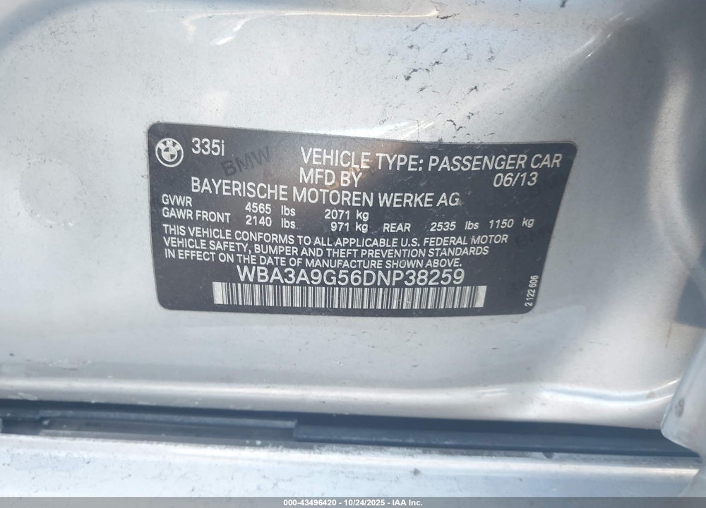 2013 BMW 335I VIN: WBA3A9G56DNP38259
