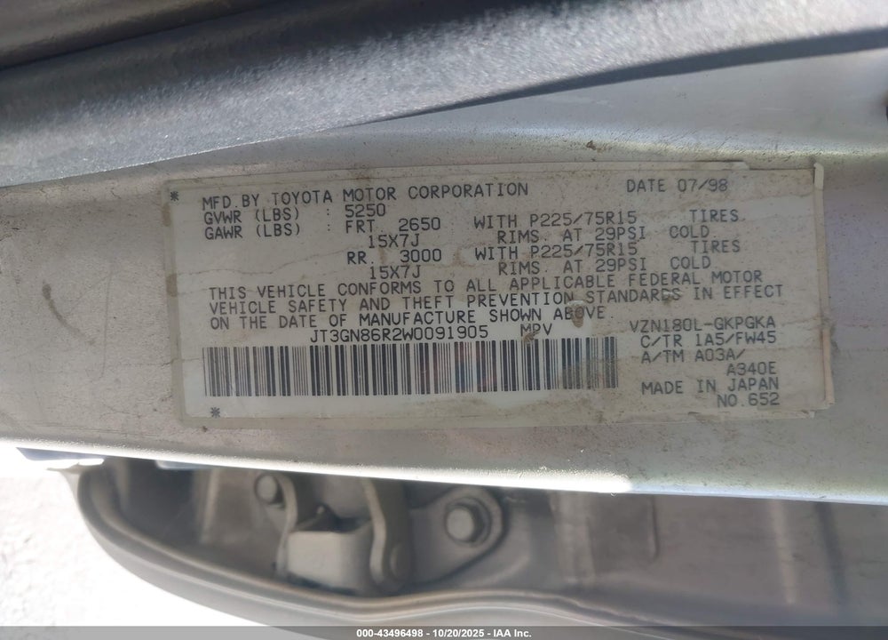 1998 TOYOTA 4RUNNER SR5 V6 VIN: JT3GN86R2W0091905