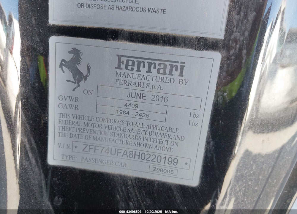 2017 FERRARI F12BERLINETTA VIN: ZFF74UFA8H0220199