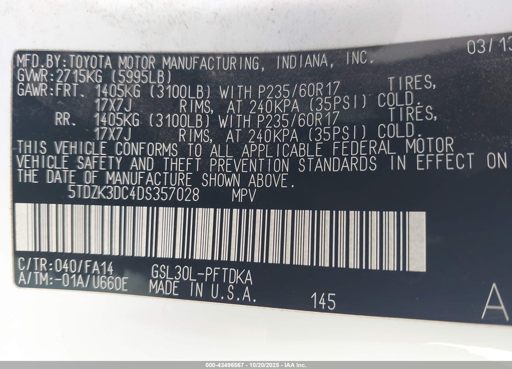 2013 TOYOTA SIENNA L V6 7 PASSENGER VIN: 5TDZK3DC4DS357028