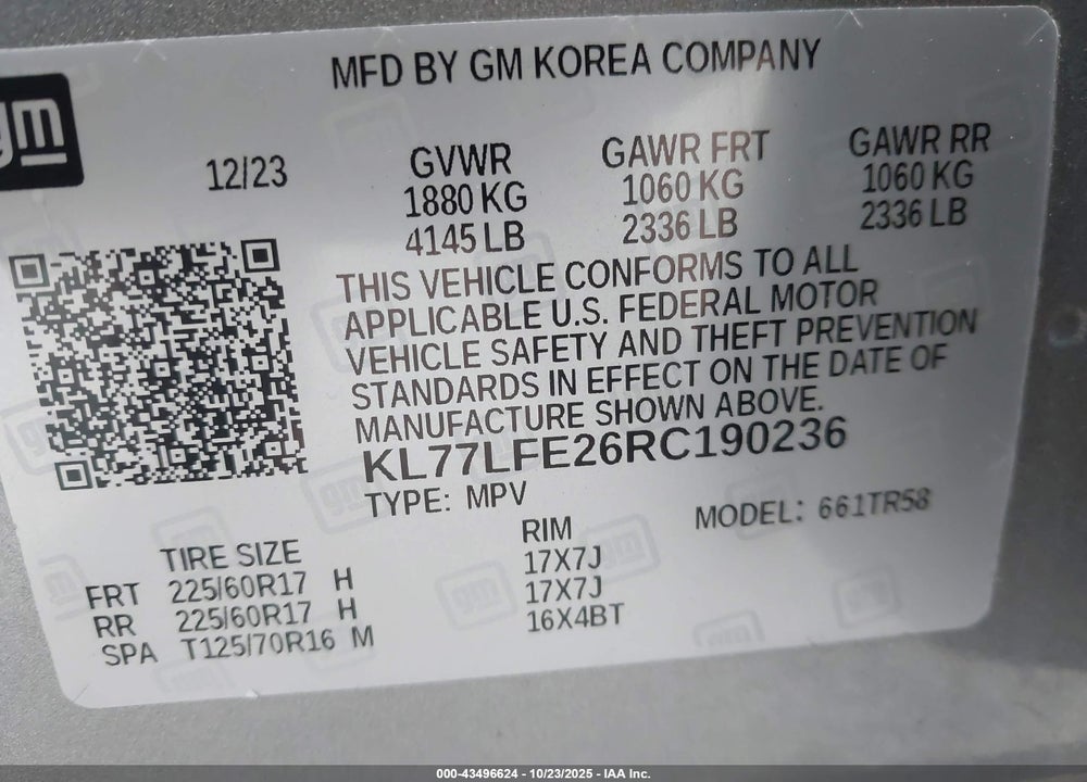2024 CHEVROLET TRAX VIN: KL77LFE26RC190236